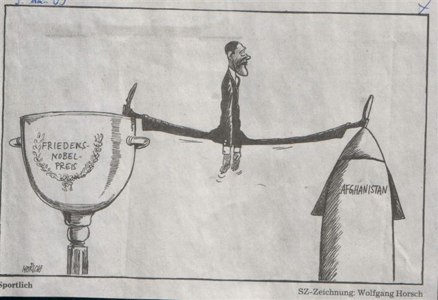 Karikatur Obamas, einen Spagat zwischen dem Nobelpreis und Afghanistan machend