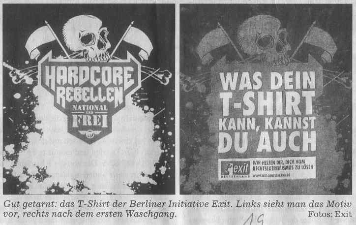 T-Shirt der Berliner Initiative Exit vor und nach Waschgang