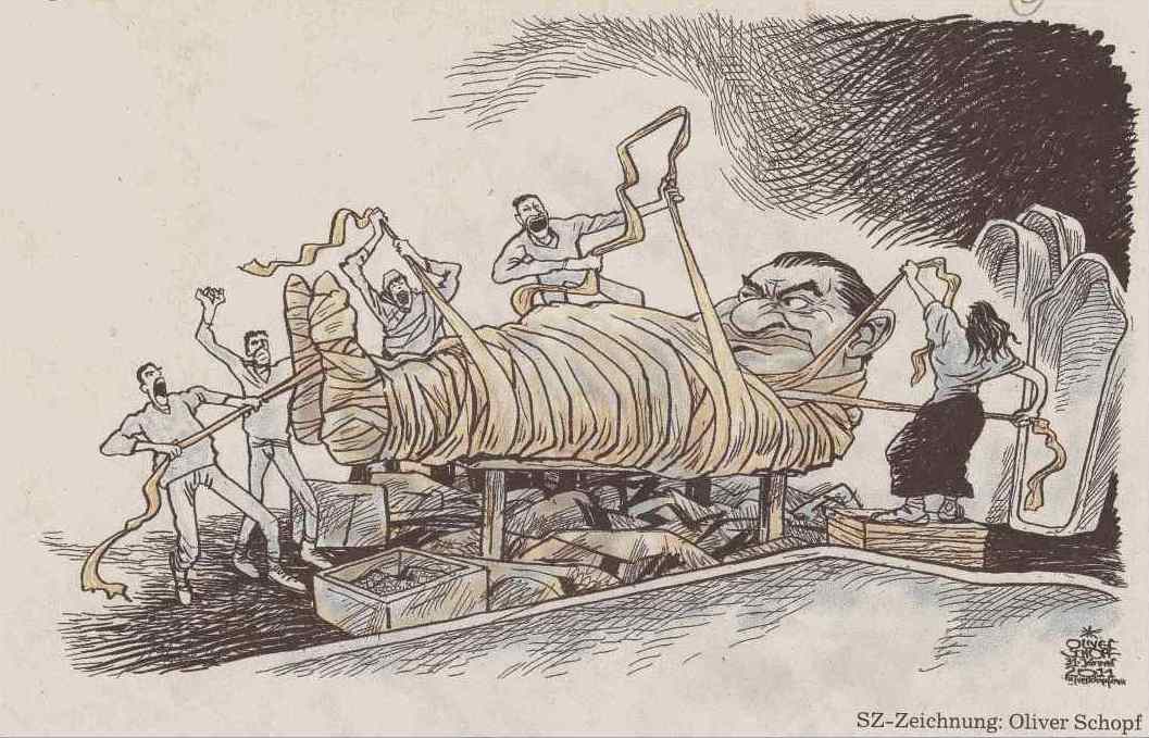 Karikatur: Mubarak beim Mumifizieren