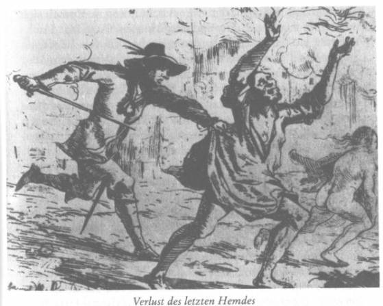 Zeichnung zweier Männer, der eine schein fliehen zu wollen, er wird jedoch an seiner Kleidung von dem hinter ihm stehenden, mit einem Degen bewaffneten Mann festgehalten.